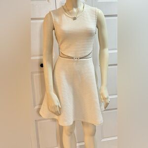 Sandro Paris Cream Textured Cut Out Mesh Skater Dress Elegant Fit & Flare